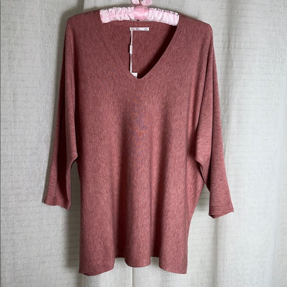 Vila Milano 1X Heather Pink Rose Bouquet V-Neck Dolman Sleeve Fine Knit Sweater